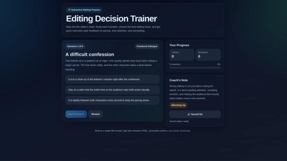 Screenshot of Editing Decision Trainer film editing practice app
