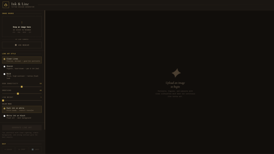 Screenshot of Ink and Line tattoo line art generator tool
